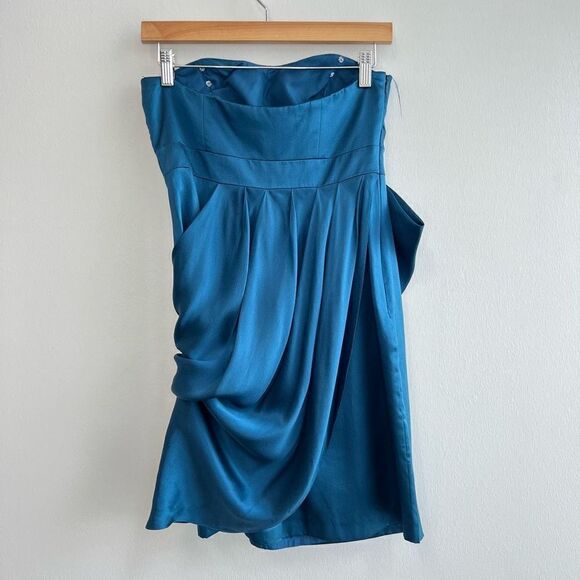 Melissa Sweet Women’s 4 100% Silk Cold Shoulder Wrap Surplice Mini Dress Blue - Picture 6 of 10